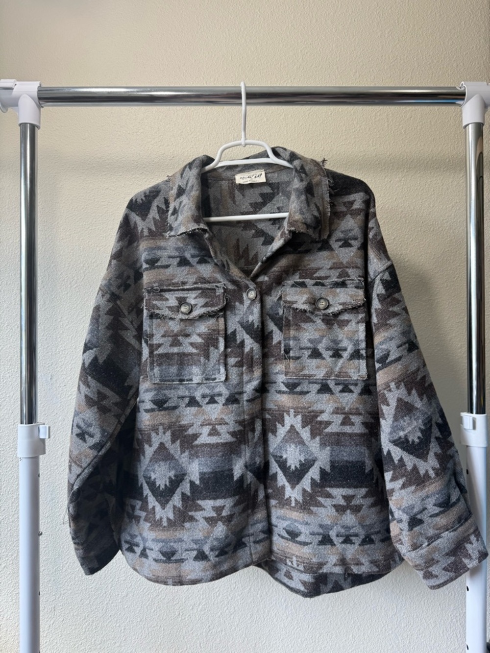 Aztec Pattern Button-Front Shacket Jacket - Gray & Brown